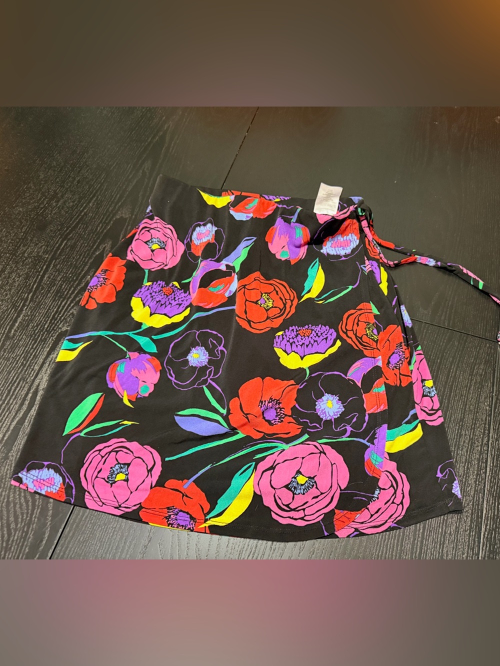 Susan Graver Black Floral Wrap Skirt with Bright Multicolor Blooms